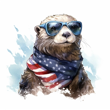 a California sea otter with rocky shoreline, wears American flag scarf and sunglasses, Western coastal waters, watercolor style, anime-inspired character designs, hyper-realistic animal illustrations, 2d game art, quadratura, clipart, on white background,