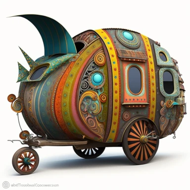 D patchwork clipart, mutant steampunk giger, stitched fabric yurt, colorful die cut sticker, patchwork quilted mechanical covered wagon, 3D, HD, unreal engine, 8k, centered