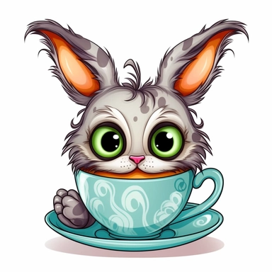 whimsical, cute, cartoon, clipart, bunny, teacup, sticker, in the style of Tim Burton