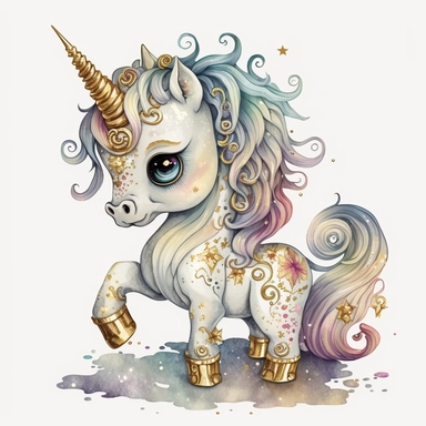 fantasy baby unicorn, clipart watercolor illustration, aquarallist, cute, big eyes, pretty gold and cream, unicorncore, fairycore, free brushwork, watercolor, light and bright, four legs, gold horn, sparkle, skarklecore, detailed, isolated on a white background,