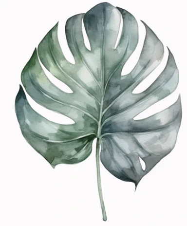watercolor clipart illustration of a Philodendron gloriosum leaf green and grey, in the style of meticulous design, minimalistic serenity, light turquoise and dark white, oil paintings, dark green and light crimson, naturalistic poses, imitated material