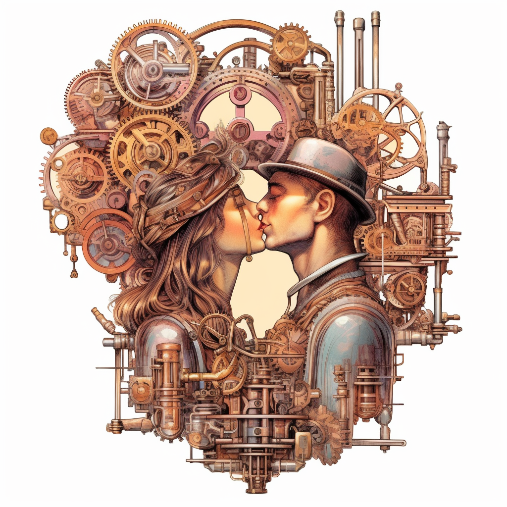 Against the stunning sight of a steampunk steam train, a couple's lips ...