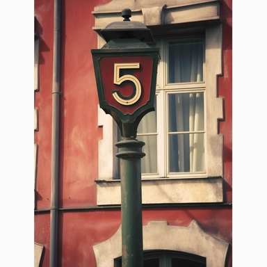 clipart illustration, realistic, photorealism, photo, extreme close-up, house number, 5, five, street sign, Europe,