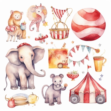 set of clipart, watercolor, baby circus, cute, aesthetic, white background