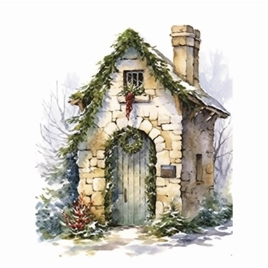 detailed watercolor clipart, photography style, beautiful christmas magic, stone wall, magical door open to Christmas village, holly, ivy, HDR, winter snow, self shadow, white background
