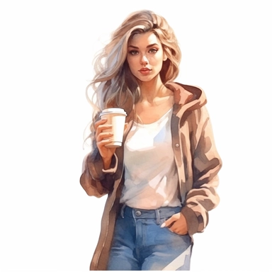 watercolor style, a beautiful girl in casual clothes holding a paper cup of coffee, realistic colors, realistic image. Clipart, isolated on white background, 4K
