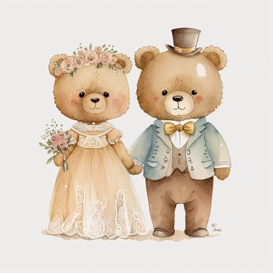 cute teddy bears getting married, handpainted, clipart, white background