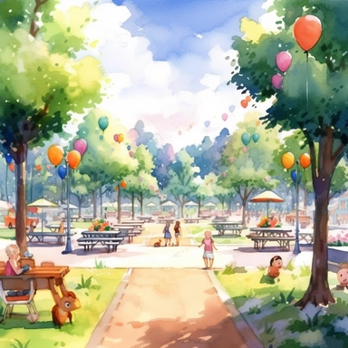 a sunny park, with flowers, trees and toys. The scenery includes some elements such as colorful fruits, snacks, and maybe even a picnic blanket spread with goodies. Pixar childrens book cartoon style, detailed, modern, urban, watercolor, full color, flat color, white background. children book illustration. Watercolor clipart. Pixar animation