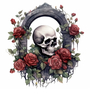 dark arcadia watercolor gravestone clipart, vines, skull, roses