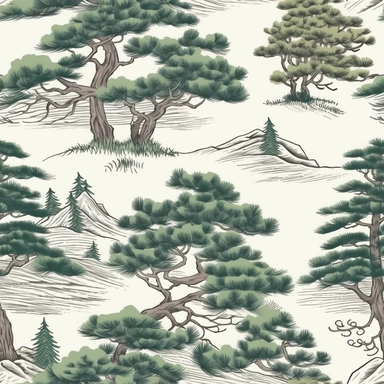 Chinese retro colors, Greeting Pine on Mount Huangshan Mountain, evenly distributed, vector graphics, illustrations, screen printing, tiled,Abstract,childlike,water clipart,cute dreamy,repeat, vector illustration,on white background