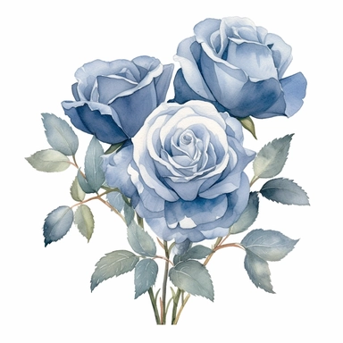 Watercolor dusty blue four roses clipart, four roses bouquet, muted color faded, white background