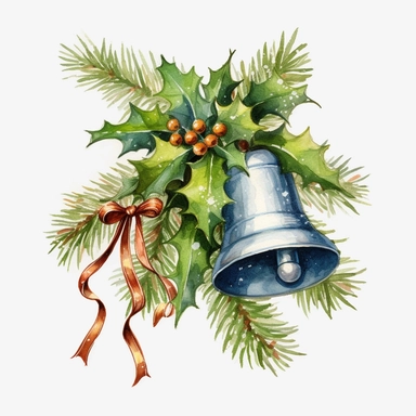 Christmas Bells Clipart, lateral view, clipart, transparent background, clear background, green leaves, high resolution, watercolor, vector, 12k, 300 dpi, 12: 12 ratio