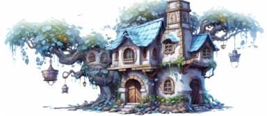Enchanted detailed fantasy fairy tale elf house in cartoon style, creamy warm blue colors on white plane background, impressive, 4k, clipart,