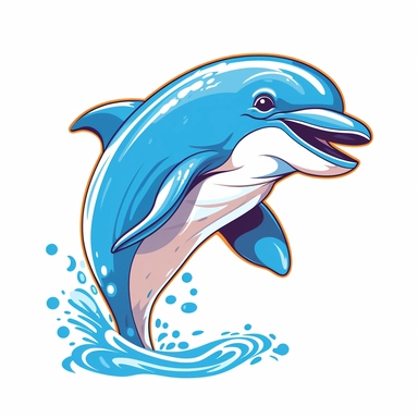 Design a joyful clipart image of a playful dolphin leaping out of the water. The dolphin should be portrayed with a gleeful expression, radiating happiness. The image should have a white background, a cartoon-style aesthetic, and curved lines.