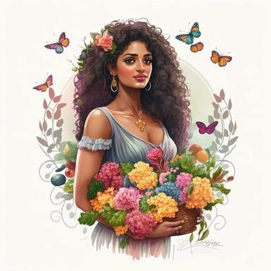 a gorgeous Indian woman, curly hair with ruffles, big basket with flowers in her hand, luxury, chain of flowers in the background, butterflies, dandelions, vibrant colors, dressed in several dresses, white background, clipart
