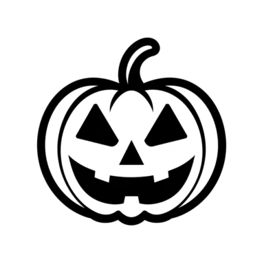 Halloween pumpkin, black and white silhouette icon, clipart style, white background, thick lines, vector, simple design, flat colour, solid colour, halloweencore