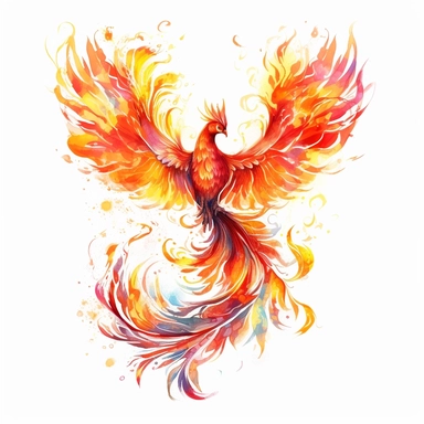 drawn illustration of a phoenix rising from fire, clip art, watercolor, digital art, HD, white background, clean line art