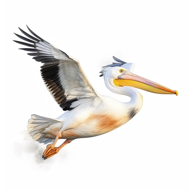 American white pelican, use a combination of vibrant colors and subtle variations in color to capture the freshness and vitality of the scene. Let the transparent and flowing nature of watercolors add a sense of lightness and movement to the painting, clipart, plain isolated white background, 8k ultra detail high sharpness