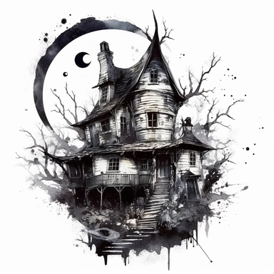 creepy magic witch's house crescent moon and stars clipart, detailed, white background, illustration painting, collaged constructions, digital art, watercolor, in the style of sculptural and geometric, forced perspective drawings, Geometric brushstrokes form an intriguingly abstract, in the style of dark fantasy, creepy frightening repulsive images, frightening, painterly figure, by Pablo Picasso, by Wassily Kandinsky, by Zdzisław Beksiński