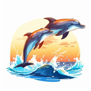 Dolphins leaping out of water in synchronized dance moves, creating a joyful and energetic scene clipart