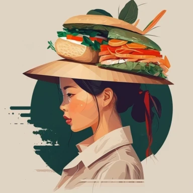 Creative graphic design, design, Vietnam pop culture, Hanoi, a girl with bahn mi, traditional vietnamese hat, collage, clipart, graphic, illustrations, 16K