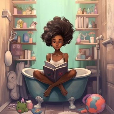 african american teenager girls stuck in a bathtub with books in the white house bathroom in the style of dr. seuss with a simple pastel color palette clip art--ar 10:8