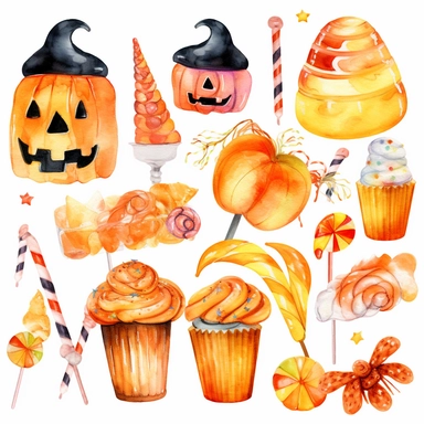Halloween treats, such as candy corn, lollipops, and cupcakes, with Halloween-themed decorations and patterns, watercolor png clipart on a white background
