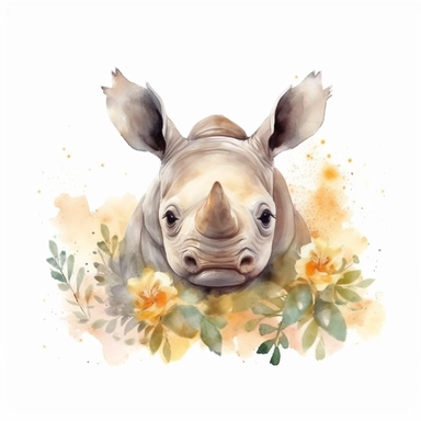 cute baby safari rhinoceros, watercolor, in the style of traditional oil painting, clipart, surrounding by flower, cheerful feeling
