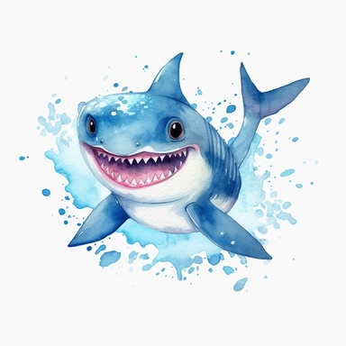 watercolor baby shark clipart, white background, HD, Color