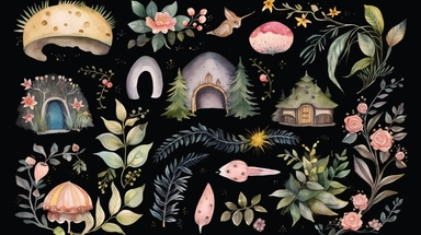 detailed watercolour elements, enchanted forest, clip art sheet, elements should not touch, leave room around margin, black background