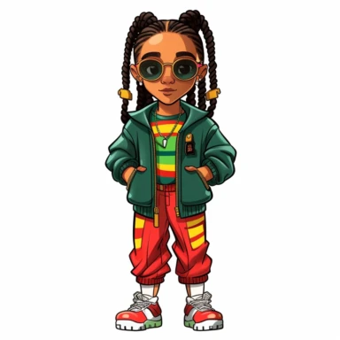 cartoon illustration of a cute black little girl, wearing nike air jordan shoes, wearing a green, yellow and red fly 90s outfit, large hoop earrings, sunglasses, clipart, white background