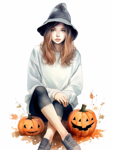 watercolor painting, cute girl wearing halloween witch hat, sangchae wearing white lace skirt, sweatshirt with cute pumpkin drawing, mischievous expression, clipart, 8k, HD, white background,