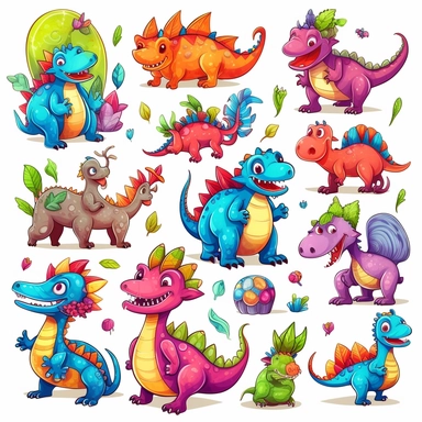 clip art elements, friendly cartoon dinosaurs and bones, bright colours