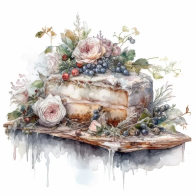 isolated on white illustration watercolor art of a part of a white kitchen buffet with bread and cake, overgrown with white and light pink roses and flowers, covered with snow and ice, a lot of moss and branches, lace and embroidery, masterpiece by Tomasz Alen Kopera style and by Carl Holsoe style and by James C. Christensen style and by Alexander Jansson style, Baroque Architecture, PNG clipart, isolated on white, white background, extreme photorealistic details, 32k HD resolution, realistic hi