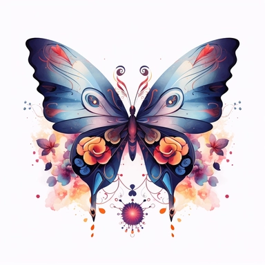 butterfly top of a floral flower with leaves, magical, cosmic nebula, patterned wings, luxury,clipart, white background