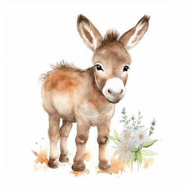 an adorable baby donkey with kind eyes clipart with watercolor illustration,full body shot,8k,etsy style, white background