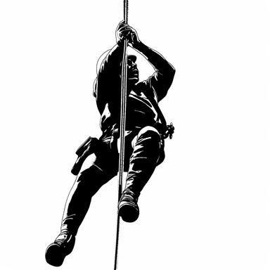 fireman on a rope looking up while climbing, clipart, black on white, transparent background