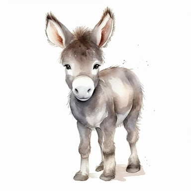 a sweet baby donkey with kind eyes clipart with watercolor illustration,full body shot,8k,etsy style, white background