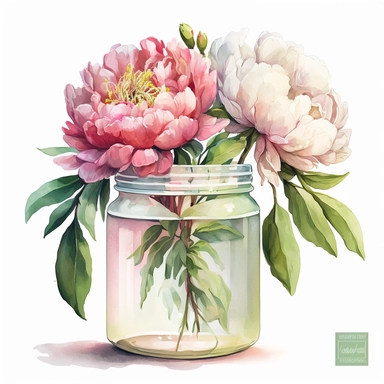 [4263445457] Watercolor clipart. A delightful fusion of pink, white, and green hues come together in this watercolor depiction of a peony bouquet resting in a jar.. White background. No text. No caption. No logo