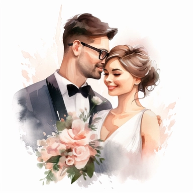 portret of a wedding pair, just married, cute family, style by Lusy Fleming, watercolor, clipart elements, smooth gradients, black contour outline, ultra detailed, white background, super clear, high quality