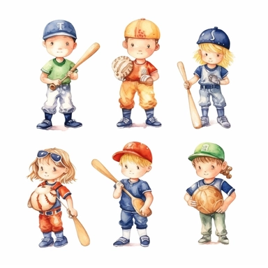 Watercolor cute little baseball players , illustrations clipart set, simple, christmas colors , cartoon elements ,different variants , separate elements with a margin, 4k, high resolution