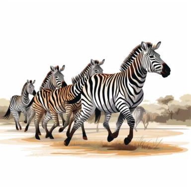 group of cute zebras, running freely in the open plains, their striped coats blending harmoniously, bold colors, clipart, on a white background