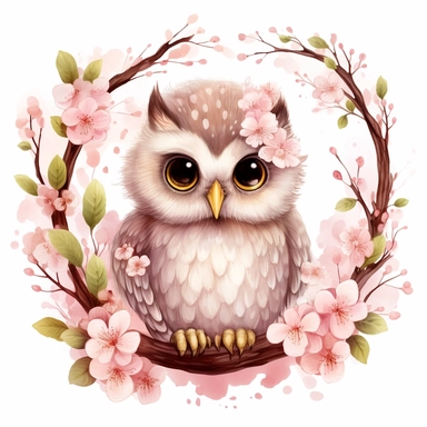 baby cute owl Among blossoms, white background, clipart