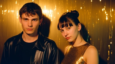 Vintage Full body Photograph of a very sad young woman and man with dark hair wearing a very tight short top and sparkly a line skirt, cute hair clips in her hair, neon retro club backdrop, glittering gold, Y2k 00s nostalgia, Multiverse, 32k, Super - Resolution, Megapixel, DOF, Depth of field, ProPhoto RGB, chiaroscuro, f1. 4, cinematic, award winning, daylight + professional lighting + film lighting + Canon medium format + 85mm + anamorphic + lightroom + cinematography + bokeh + lens flare + fi