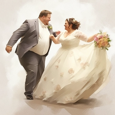 watercolor, drawing, illustration of the bride and groom, fat bride (overweight), bride short hair, laughing, wedding dance, holding a bouquet, flowers, clipart, high resolution image, detailed image, photorealistic, 3D, 4K