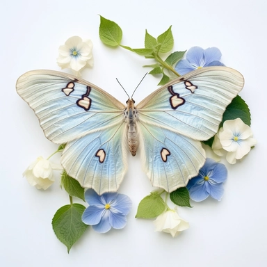 a female Chinese moon moth, surrounded by light blue and azure flowers, romantic bloomcore, beautiful beyond belief, photo clipart on solid white background