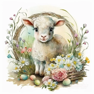 an adorable watercolour easter baby lamb with big eyes surrounded by flowers and easter eggs clipart, in a cozy and rustic barn. The lamb is sitting on a bed of hay, with baskets of colorful easter eggs and bouquets of wildflowers nearby. The atmosphere is warm and inviting, with a touch of nostalgia. Artwork, painted with watercolors and ink