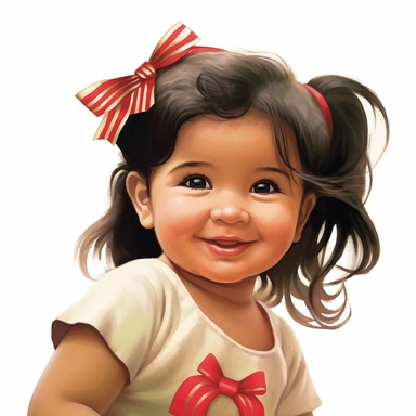 Adorable, cute, mexican, baby girl, happy, smiling, wearing a red shirt and a satin ribbon in her hair, extreme focus, professional artists rendition, no text, no logo, no name, no letters, Highly Detailed, clip art, white background, smooth edges, flawle