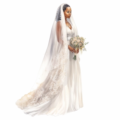 Watercolour of a black bride full body , Clipart,Cartoon,hyper realistic, intricate detail, illustration style,high resolution, isolated on a white background