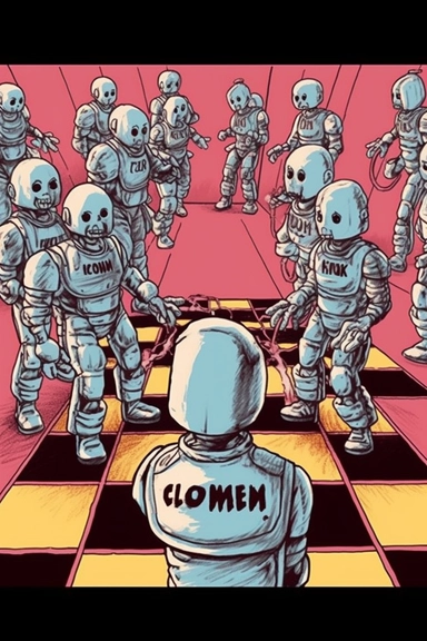 clip art The Illusion of Choice: This prompt could feature a series of identical robots walking in a straight line, all wearing the same uniform and expressionless face. The background could feature a maze-like structure or an image of a brain, hinting at the idea of programming and control.